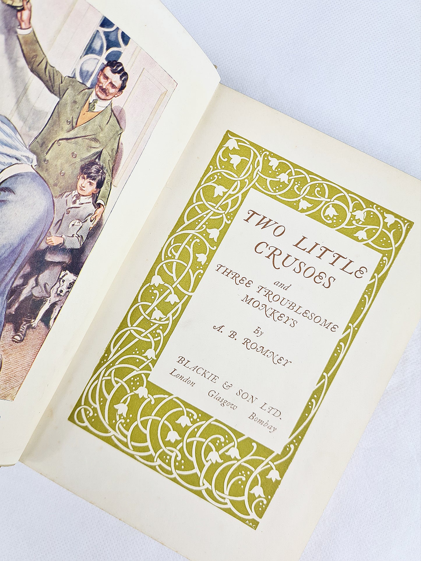 Two Little Crusoes and Three Troublesome Monkeys by A.B Romney. Antique childrens book