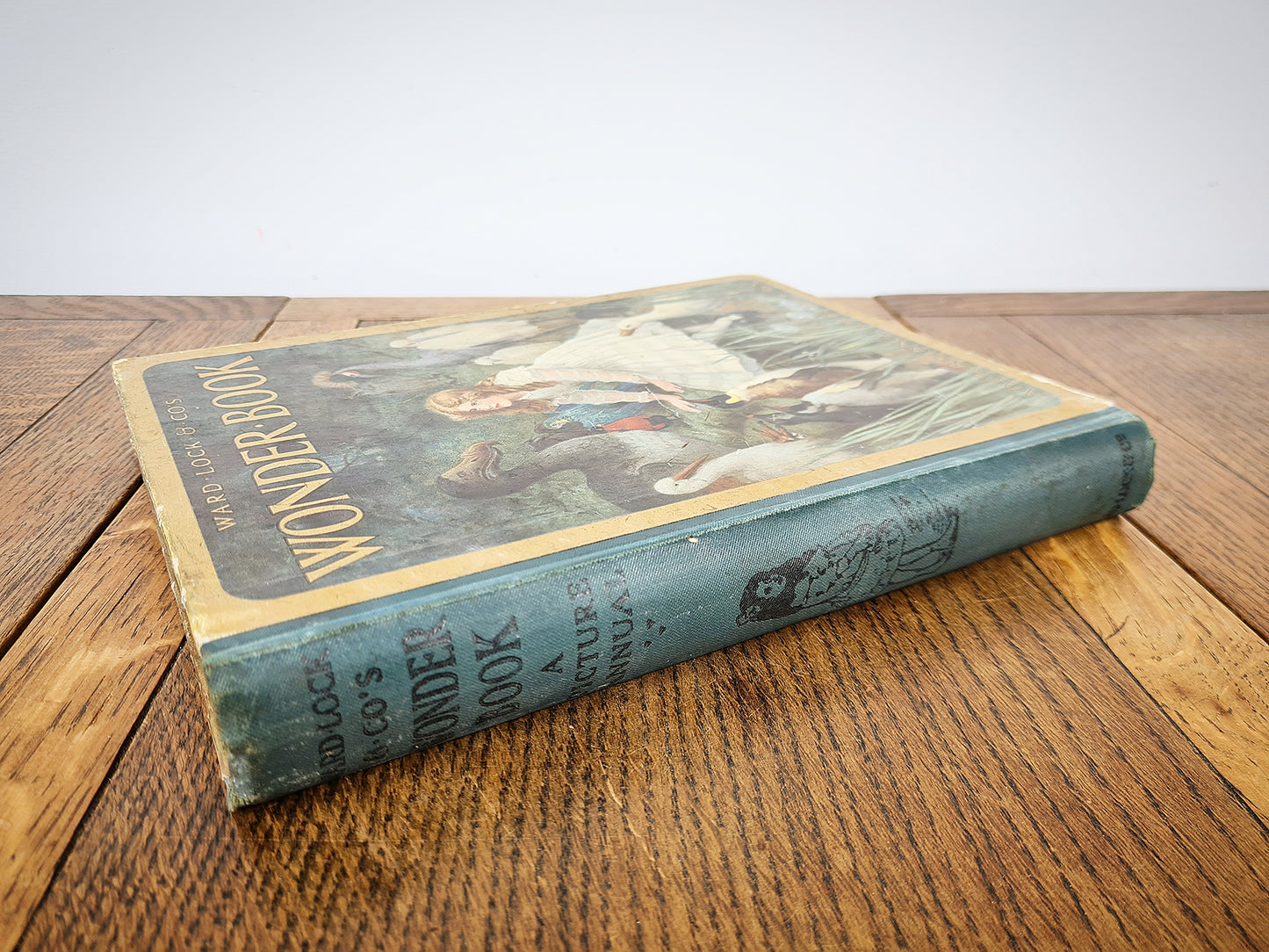 Old children's book with a beautiful cover design depicting Alice in Wonderland