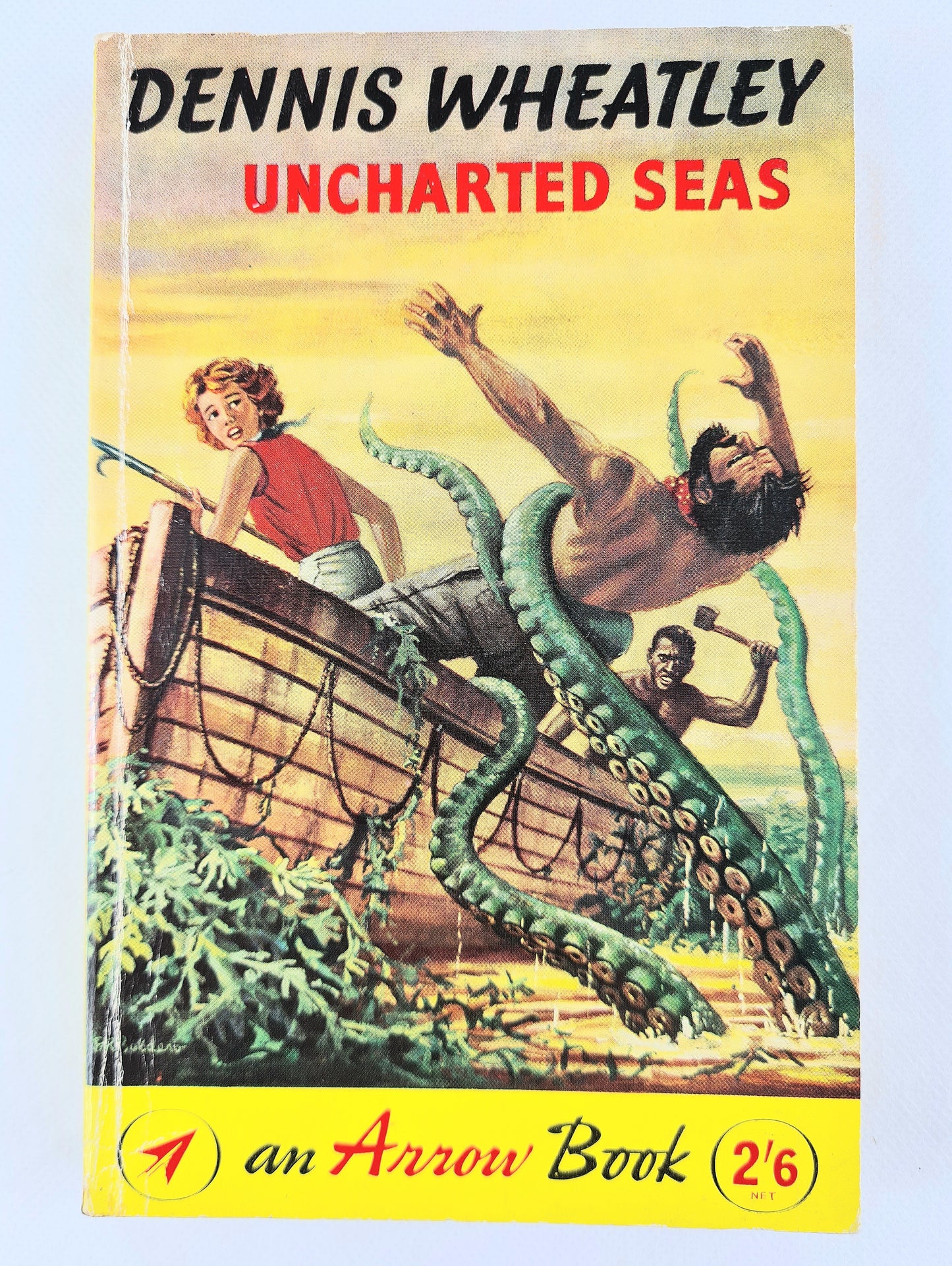 Book cover of 'Uncharted Seas' by Dennis Wheatley featuring a ship and octopus illustration.