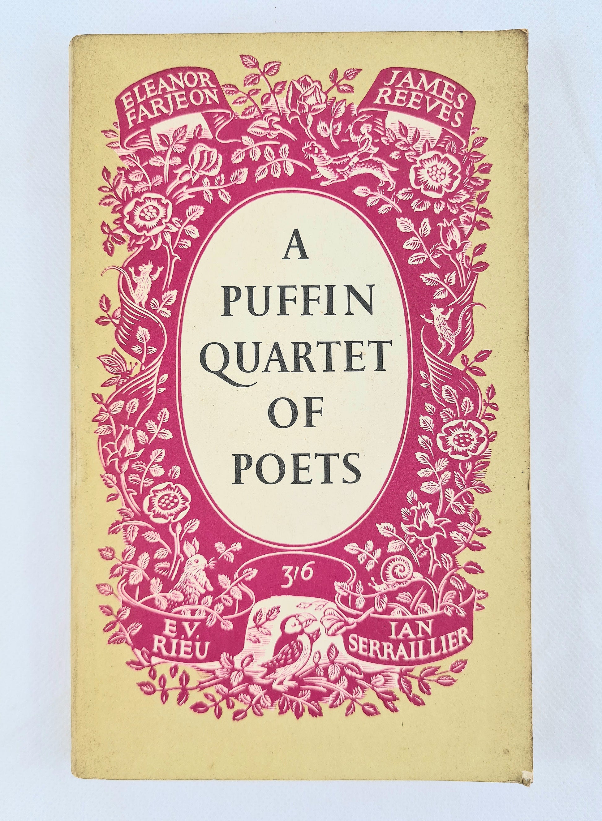 Book cover of 'A Puffin Quartet of Poets' with decorative pink design on a beige background