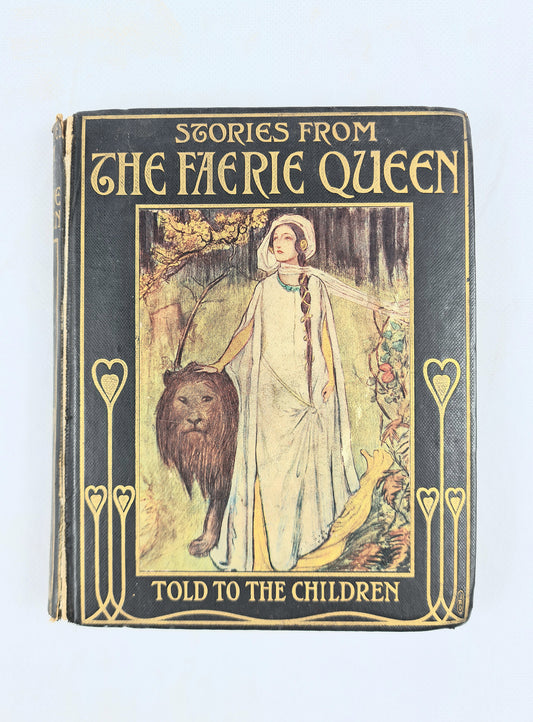 Book cover of 'Stories from The Faerie Queen' with a fairy and lion illustration on a light blue background