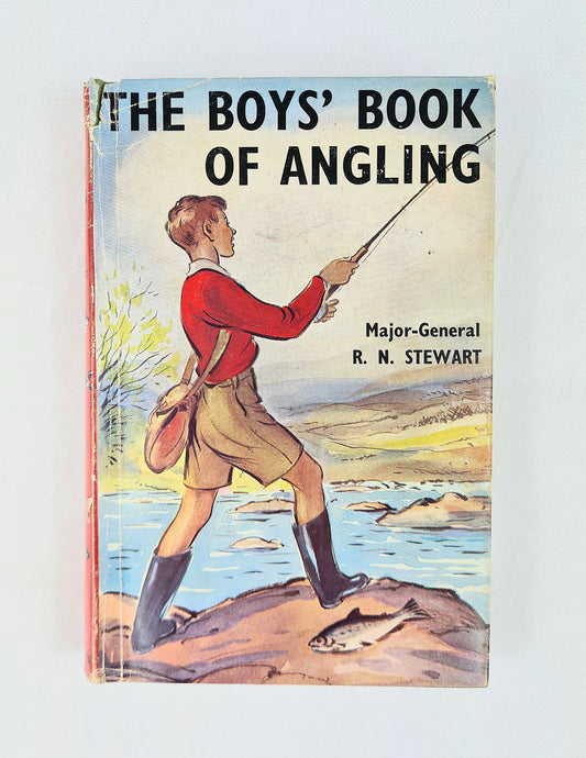 Book cover of 'The Boys' Book of Angling' with a boy fishing on a lake.