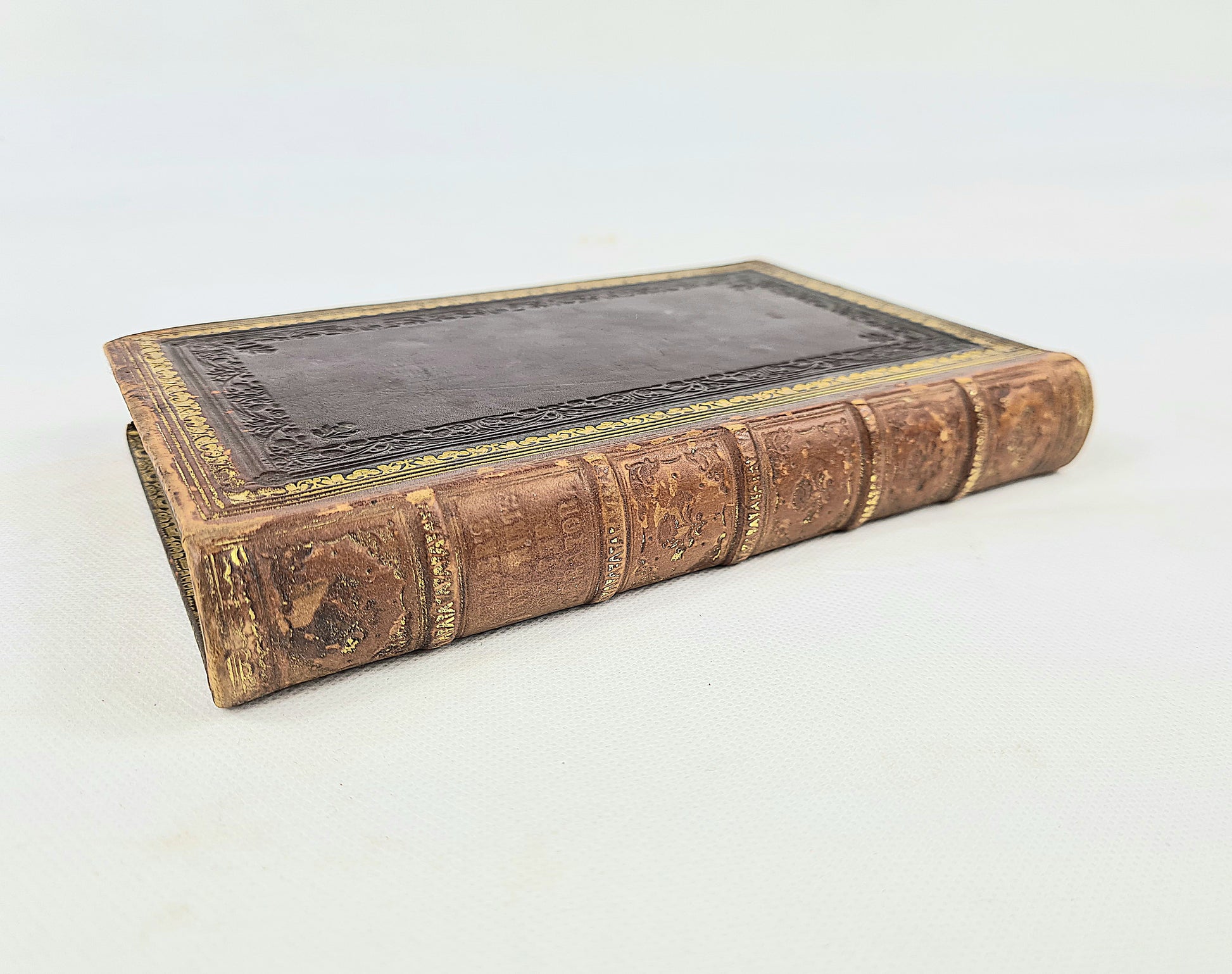 Antique leather-bound book on a white background