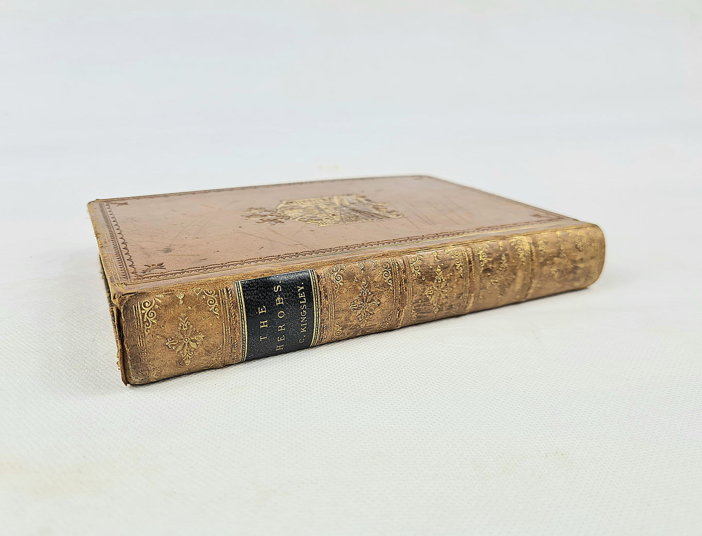 Vintage leather-bound book with gold embossed design on a white background