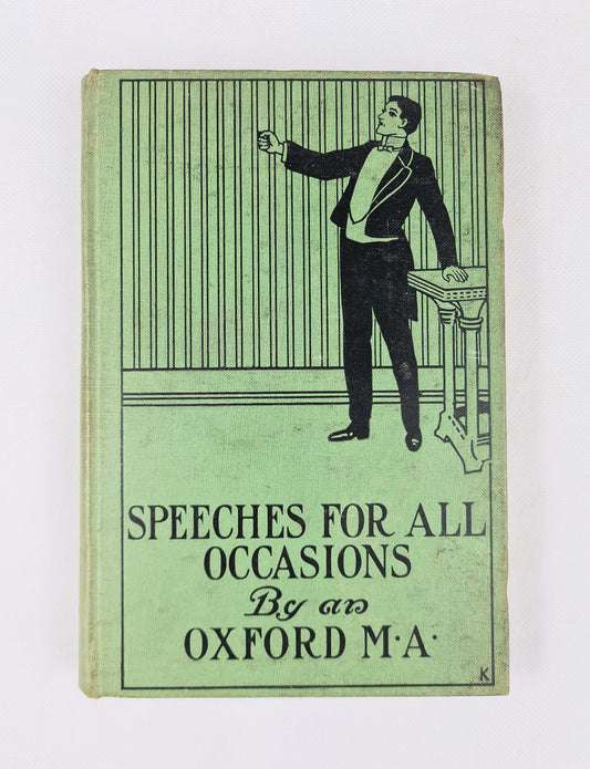 Book cover with illustration of a man in formal attire and text 'Speeches for All Occasions By an Oxford M.A.'