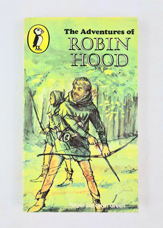 Book cover of 'The Adventures of Robin Hood' with a green background and illustration of Robin Hood.
