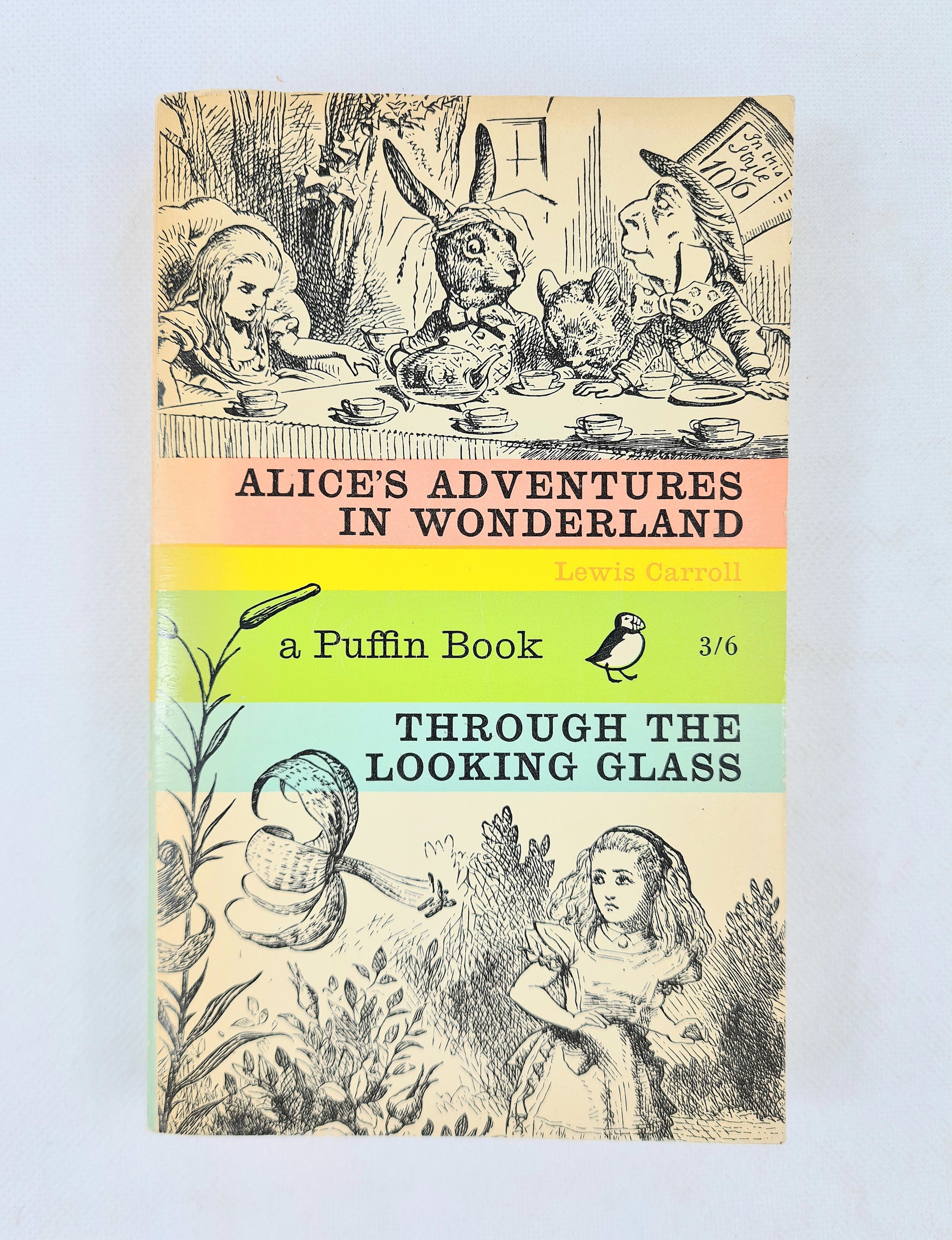 Book cover of 'Alice's Adventures in Wonderland' and 'Through the Looking Glass' with illustrations on a white background.