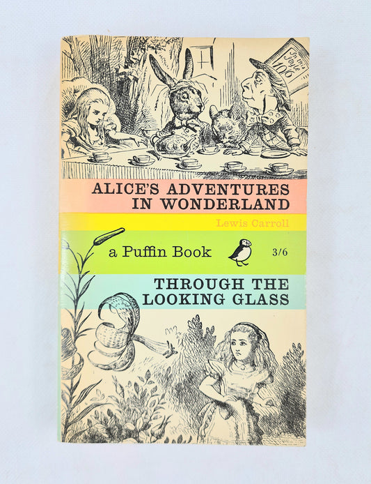 Book cover of 'Alice's Adventures in Wonderland' and 'Through the Looking Glass' with illustrations on a white background.