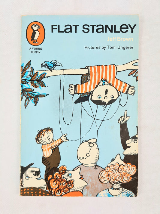 Book cover of 'Flat Stanley' by Jeff Brown with illustrations of a boy and his flat Stanley figure.