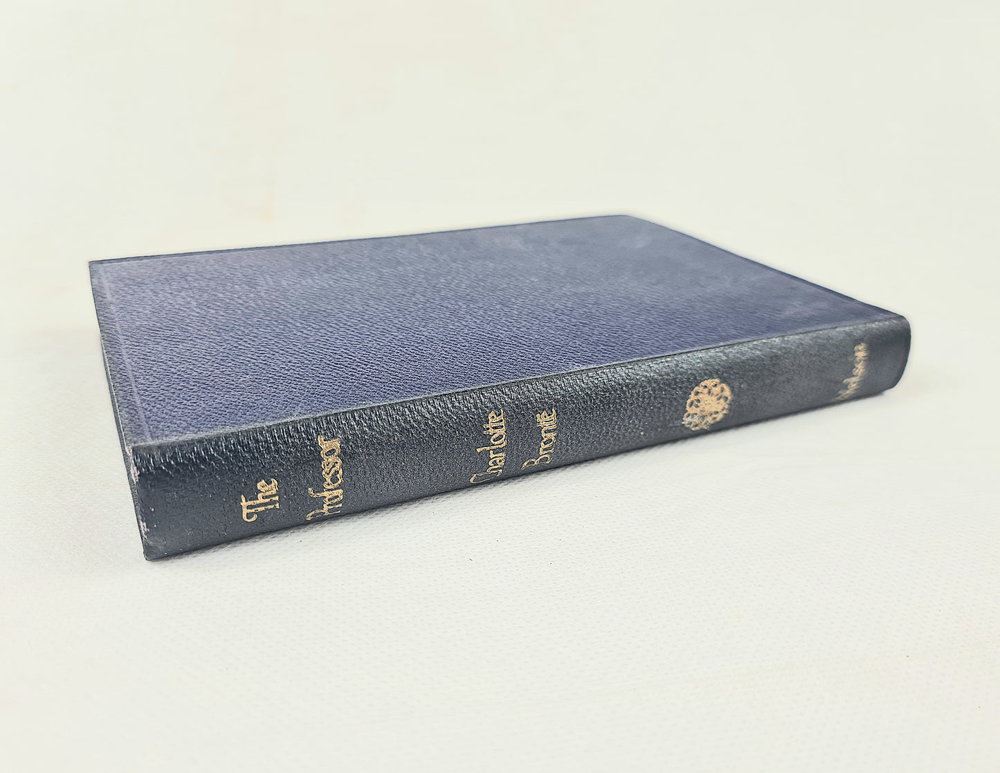 A vintage hardcover book titled 'The Professor' with a textured navy blue leather cover and gold lettering on the spine, photographed on a plain off-white background.