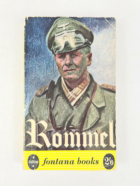 Vintage book cover for 'Rommel' by Fontana Books, featuring a portrait of a World War II German general in military uniform against a blue sky background, with a yellow band at the bottom.