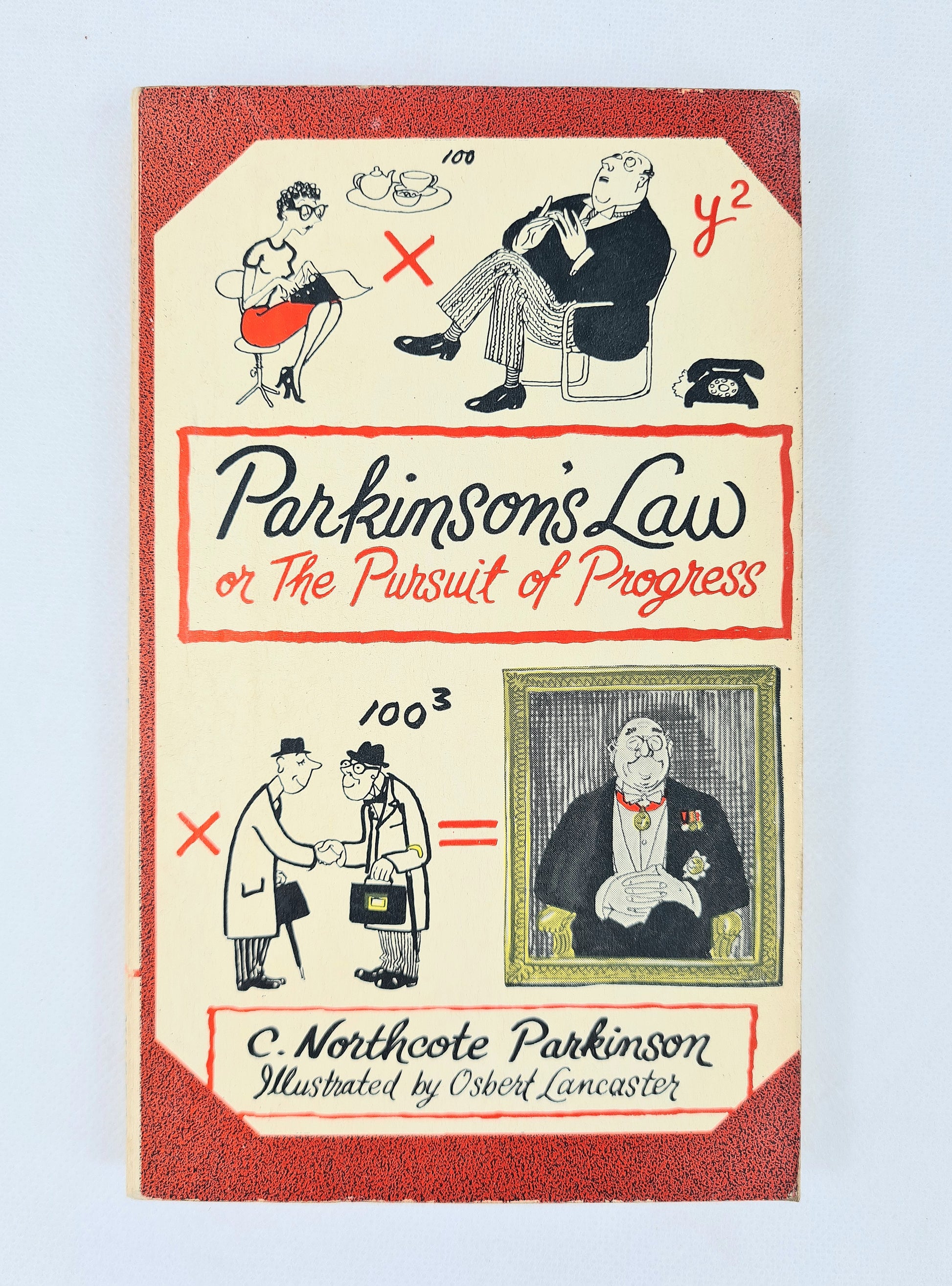 Vintage book cover for 'Parkinson's Law or The Pursuit of Progress' by C. Northcote Parkinson, illustrated by Osbert Lancaster.