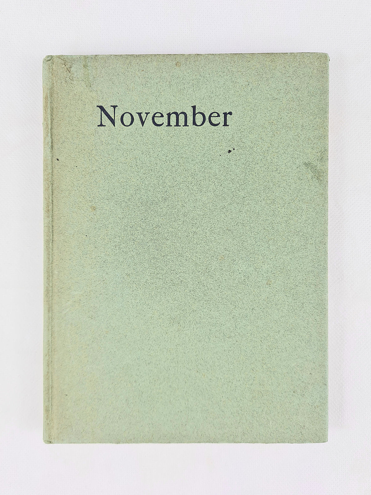 A vintage hardcover book or journal with a textured light sage green cover, featuring the word 'November' printed in black serif font near the top, set against a plain white background.