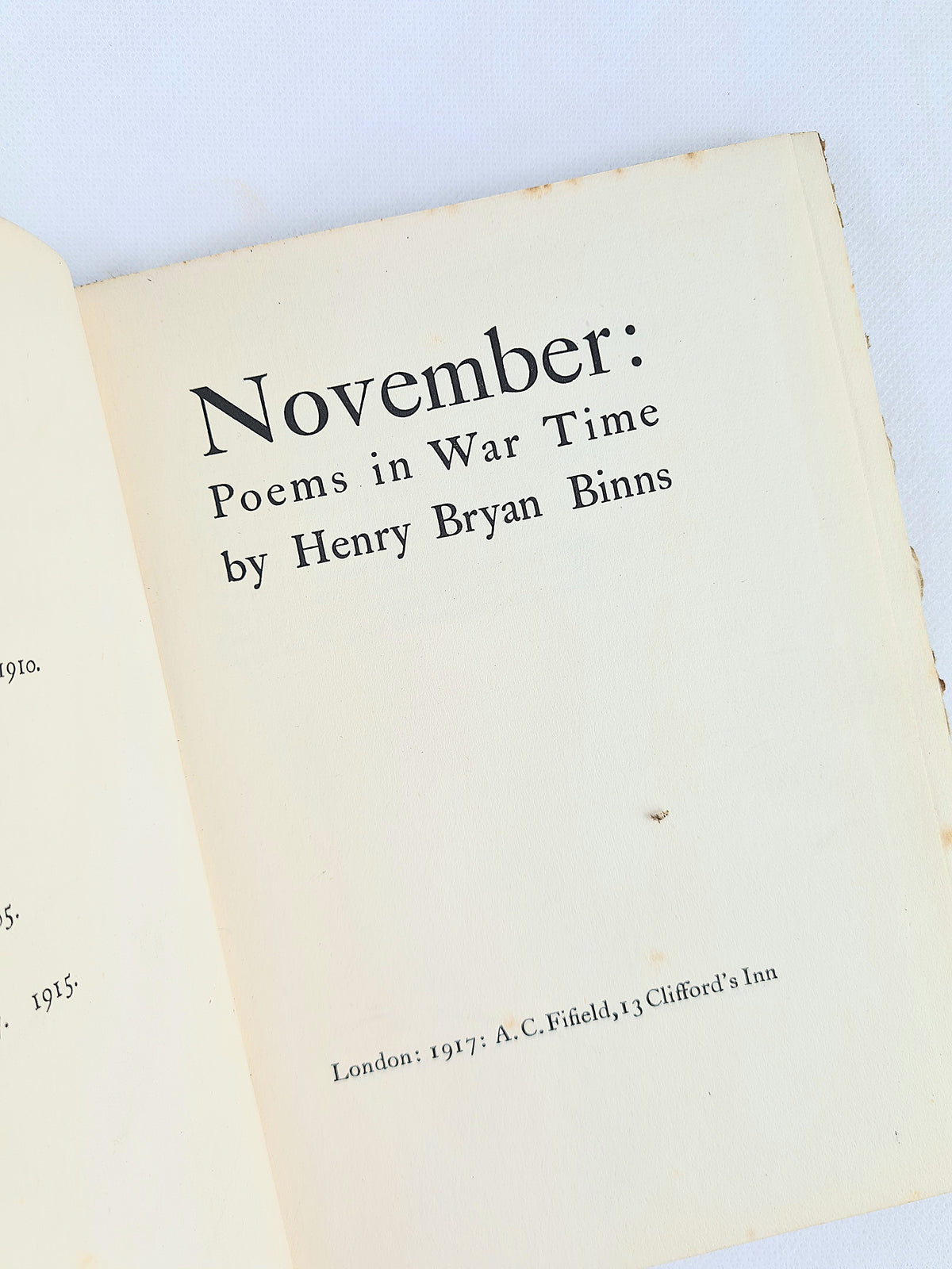 November : Poems in War Time by Henry Bryan Binns. Hardback book