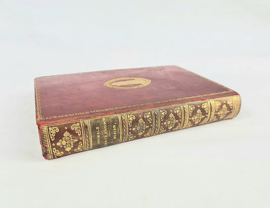 An antique hardcover book with a maroon velvet cover and ornate gold gilding on the spine and binding, photographed on a plain white background.
