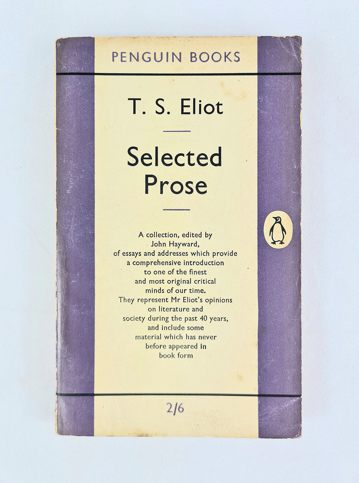 Front cover of T. S. Eliot Selected Prose vintage Penguin paperback, purple and cream design with 2/6 printed price and visible edge wear