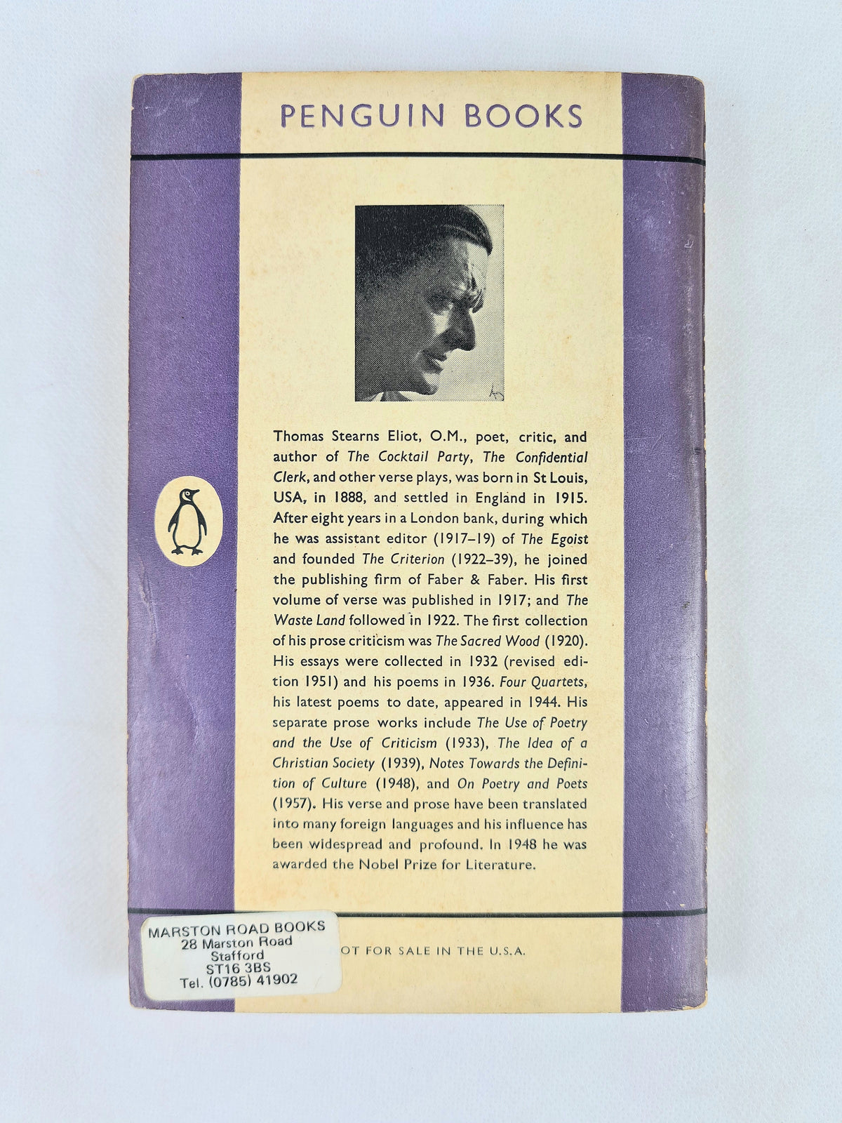 Angled view of Selected Prose by T. S. Eliot vintage Penguin paperback showing the spine, front cover and vintage wear