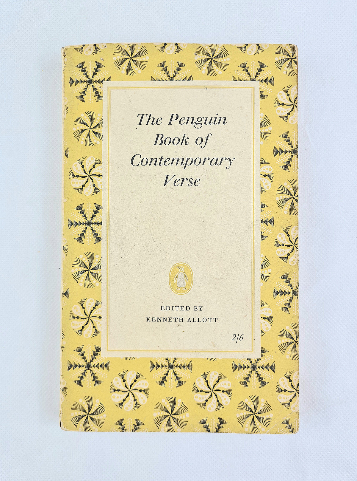 The Penguin Book of Contemporary Verse edited by Kenneth Allott, featuring a yellow cover with a geometric pattern border and a cream central title panel.