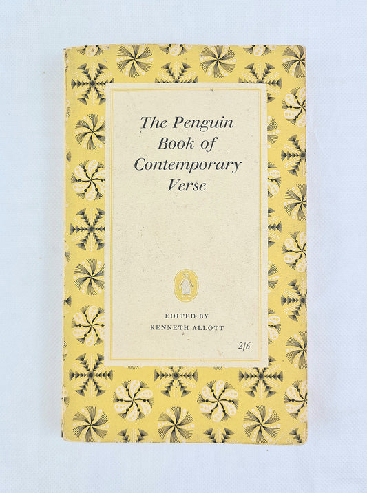 The Penguin Book of Contemporary Verse edited by Kenneth Allott, featuring a yellow cover with a geometric pattern border and a cream central title panel.