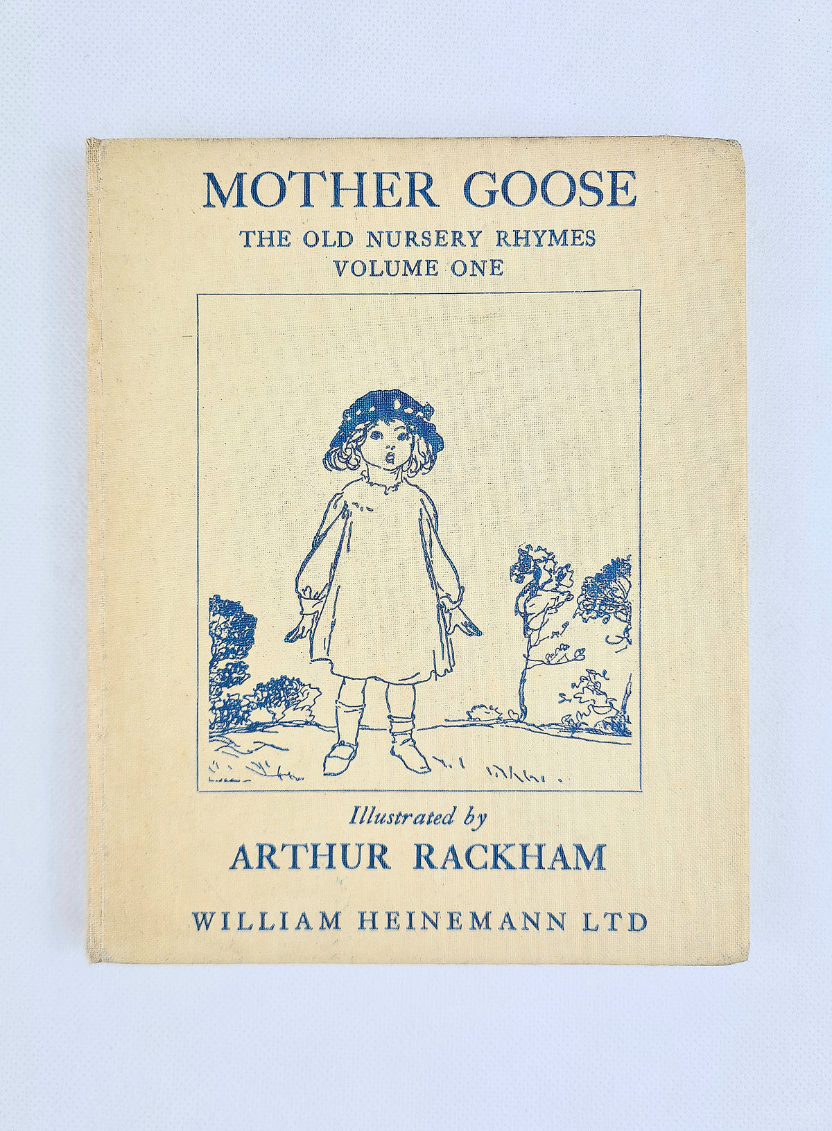 Front cover of Mother Goose: The Old Nursery Rhymes Volume One, 1952 William Heinemann hardback, with a blue line illustration of a girl in a flowered hat